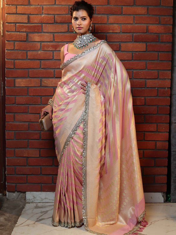 Banarasee Pure Chiffon Saree With Golden Stripes Design Border & Lace-Baby Pink