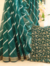 Banarasee Georgette Embroidered Lehariya Print Saree-Teal Green