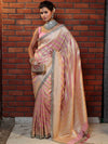Banarasee Pure Chiffon Saree With Golden Stripes Design Border & Lace-Baby Pink