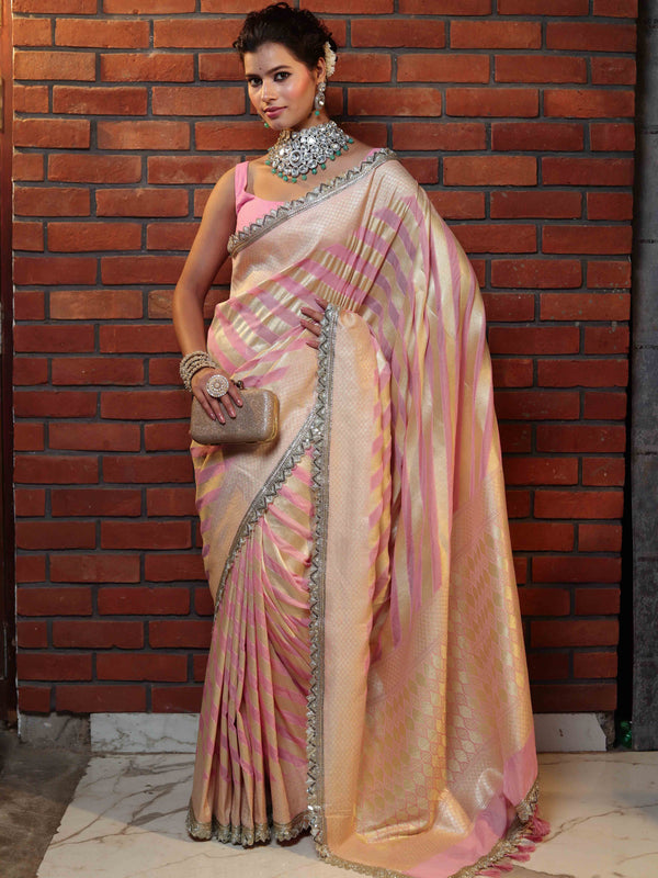 Banarasee Pure Chiffon Saree With Golden Stripes Design Border & Lace-Baby Pink