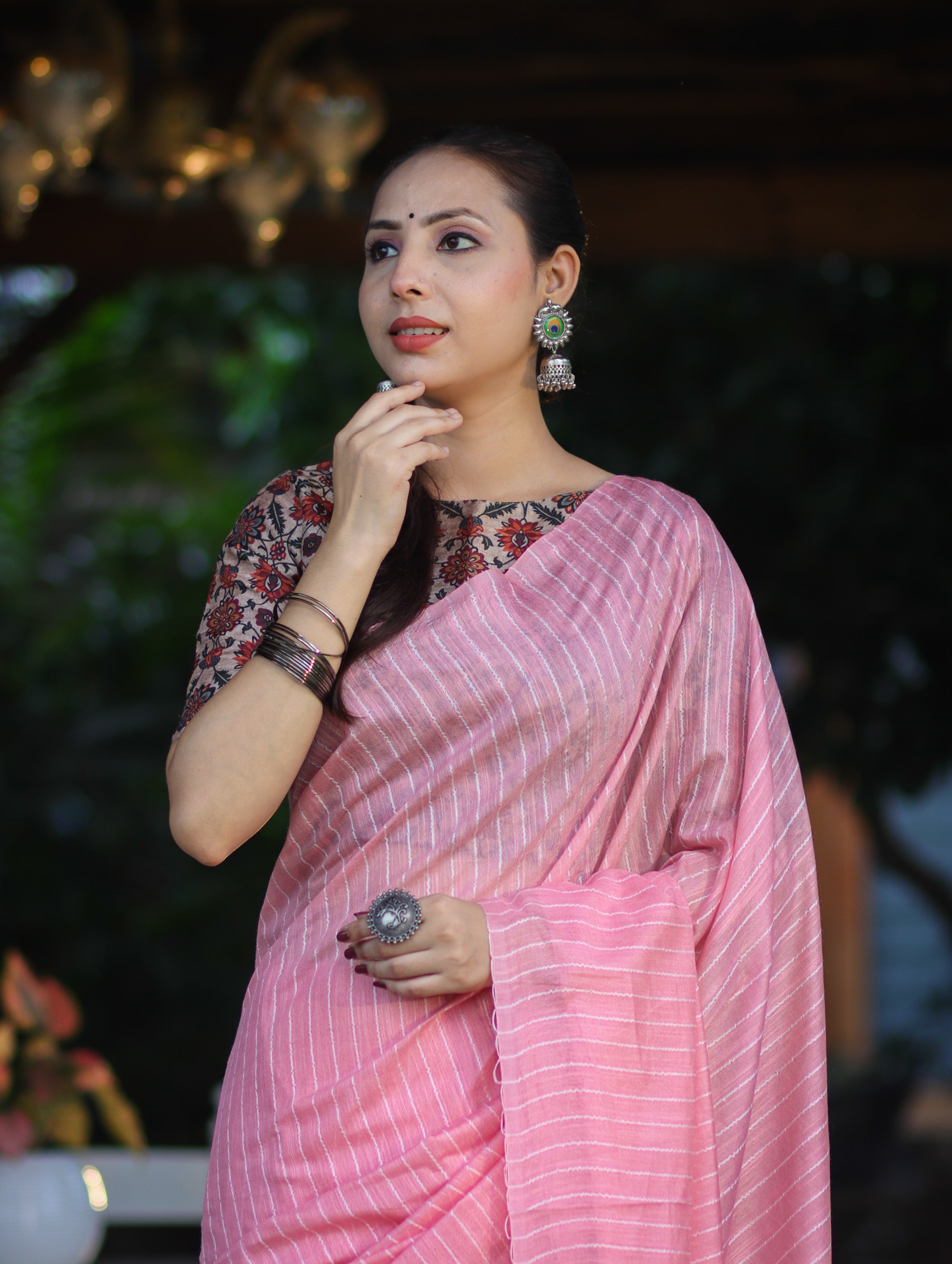 Bhagalpur Handloom Semi Silk Saree With Stripes Design-Light Pink