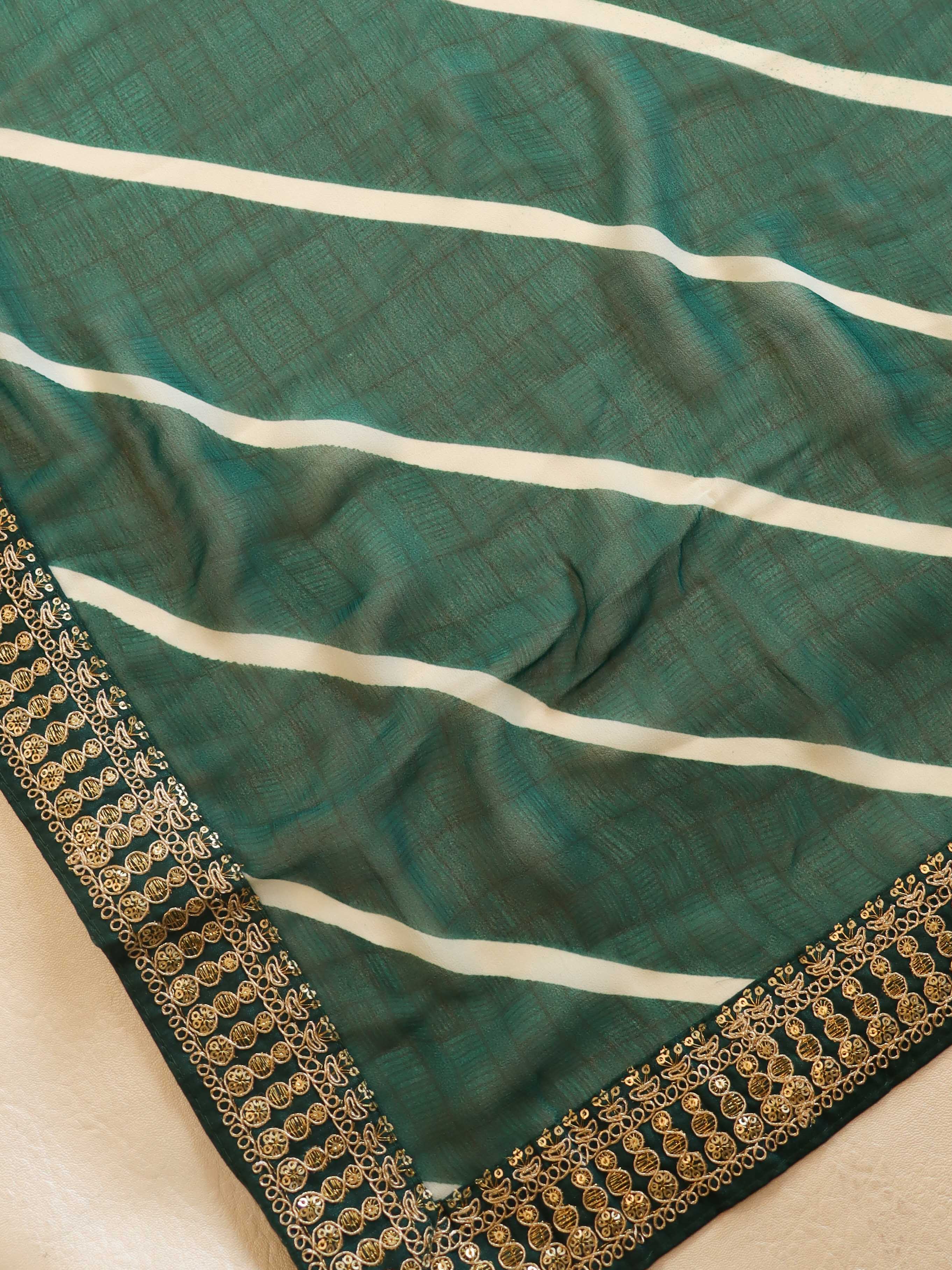 Banarasee Georgette Embroidered Lehariya Print Saree-Teal Green