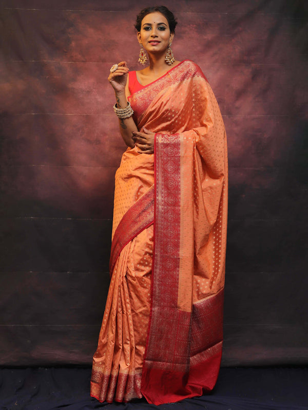 Banarasee Semi Silk Zari Buti Saree With Contrast Border-Peach & Red