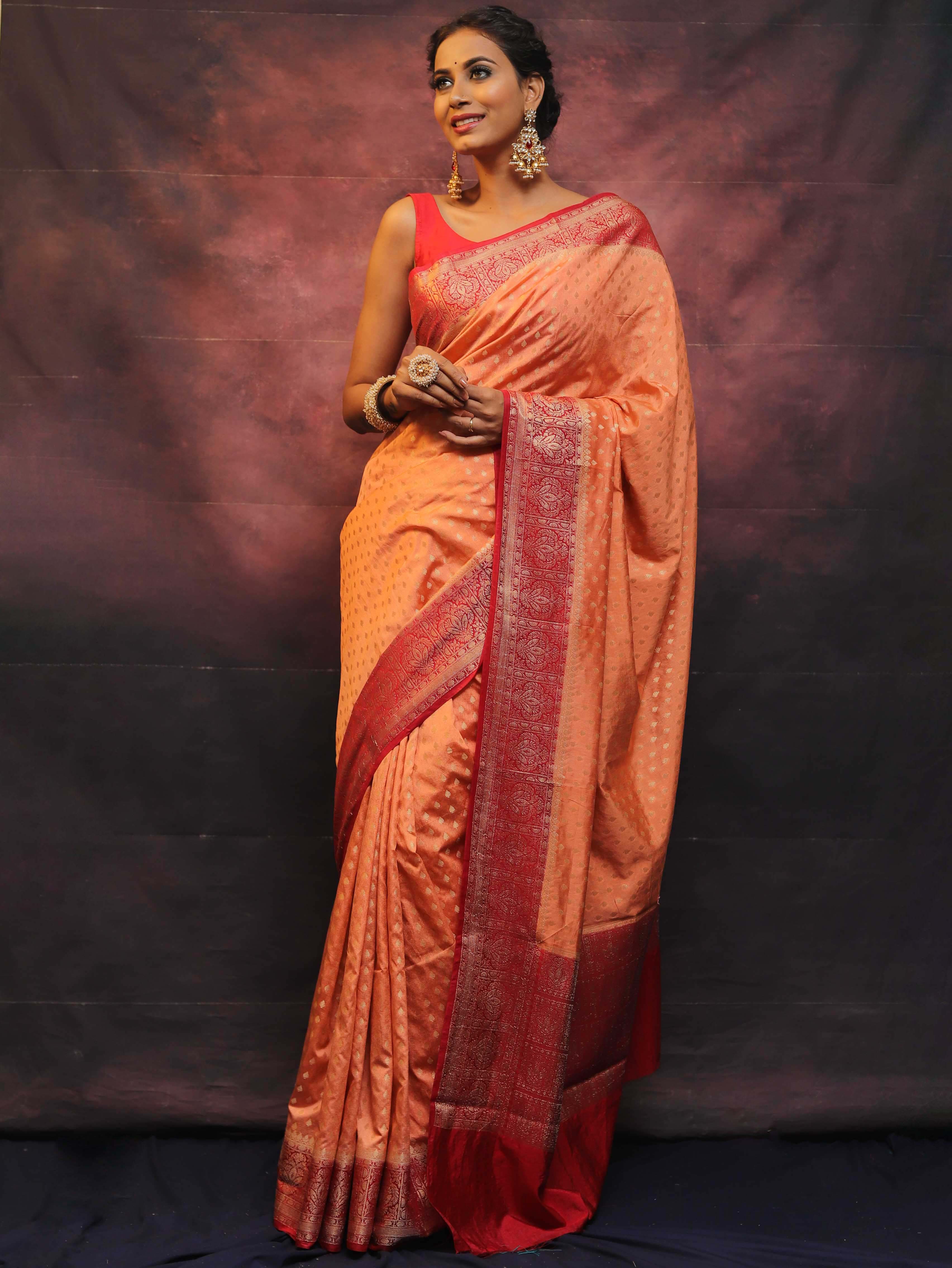 Banarasee Semi Silk Zari Buti Saree With Contrast Border-Peach & Red