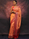 Banarasee Semi Silk Zari Buti Saree With Contrast Border-Peach & Red