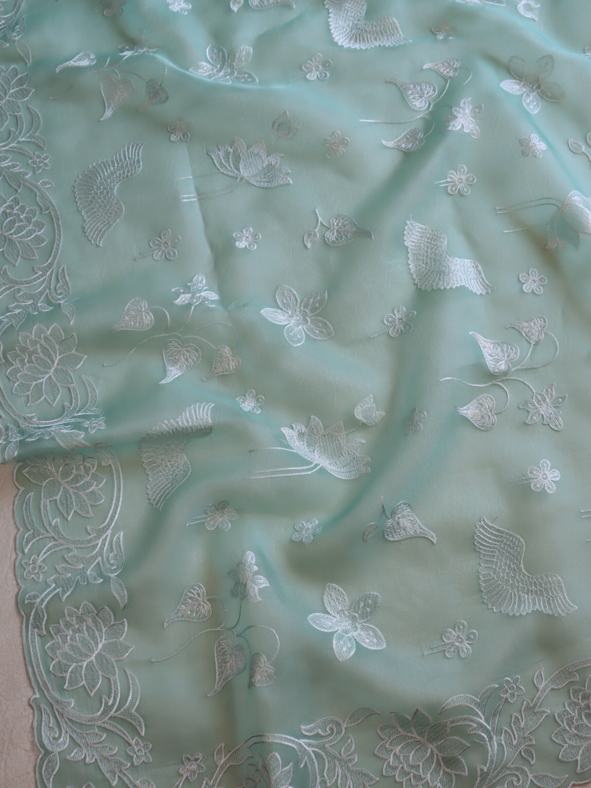 Banarasee Pure Organza Silk Saree With Floral Resham Embroidery-Sea Green