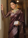 Banarasee Handwoven Semi Silk Saree With Zari Buti Design-Brown