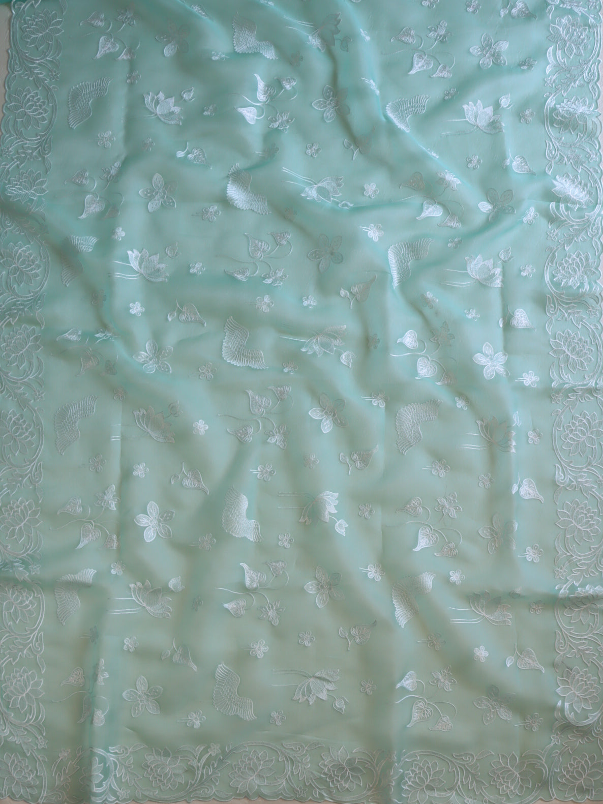 Banarasee Pure Organza Silk Saree With Floral Resham Embroidery-Sea Green