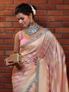 Banarasee Pure Chiffon Saree With Golden Stripes Design Border & Lace-Baby Pink