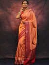 Banarasee Semi Silk Zari Buti Saree With Contrast Border-Peach & Red