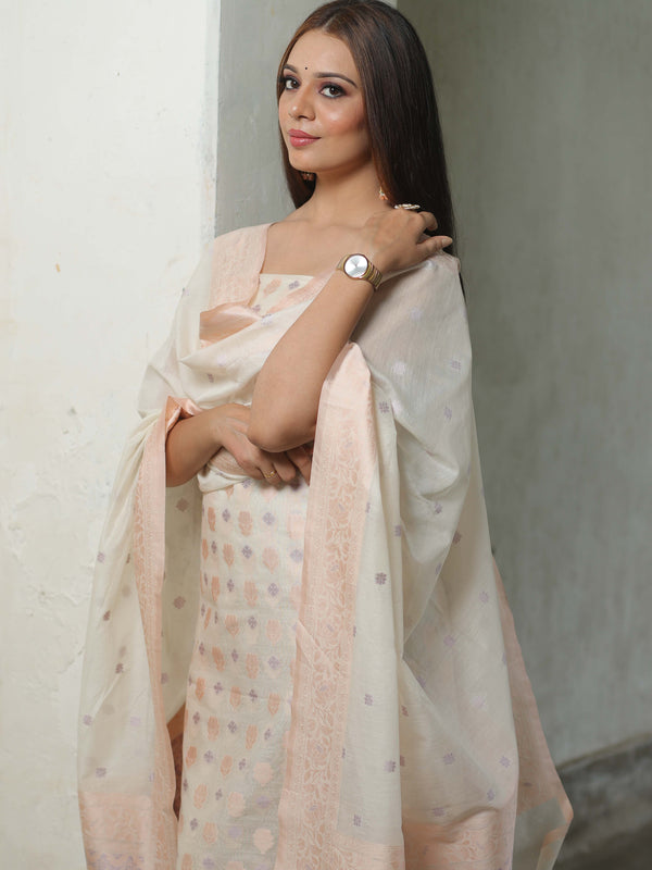 Banarasee Cotton Silk Resham Work Salwar Kameez Fabric & Dupatta-White