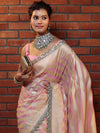 Banarasee Pure Chiffon Saree With Golden Stripes Design Border & Lace-Baby Pink
