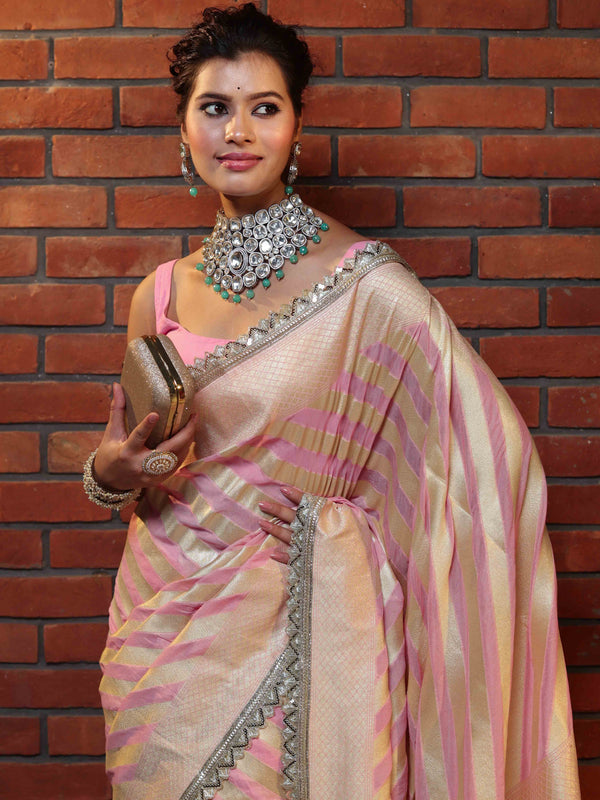 Banarasee Pure Chiffon Saree With Golden Stripes Design Border & Lace-Baby Pink