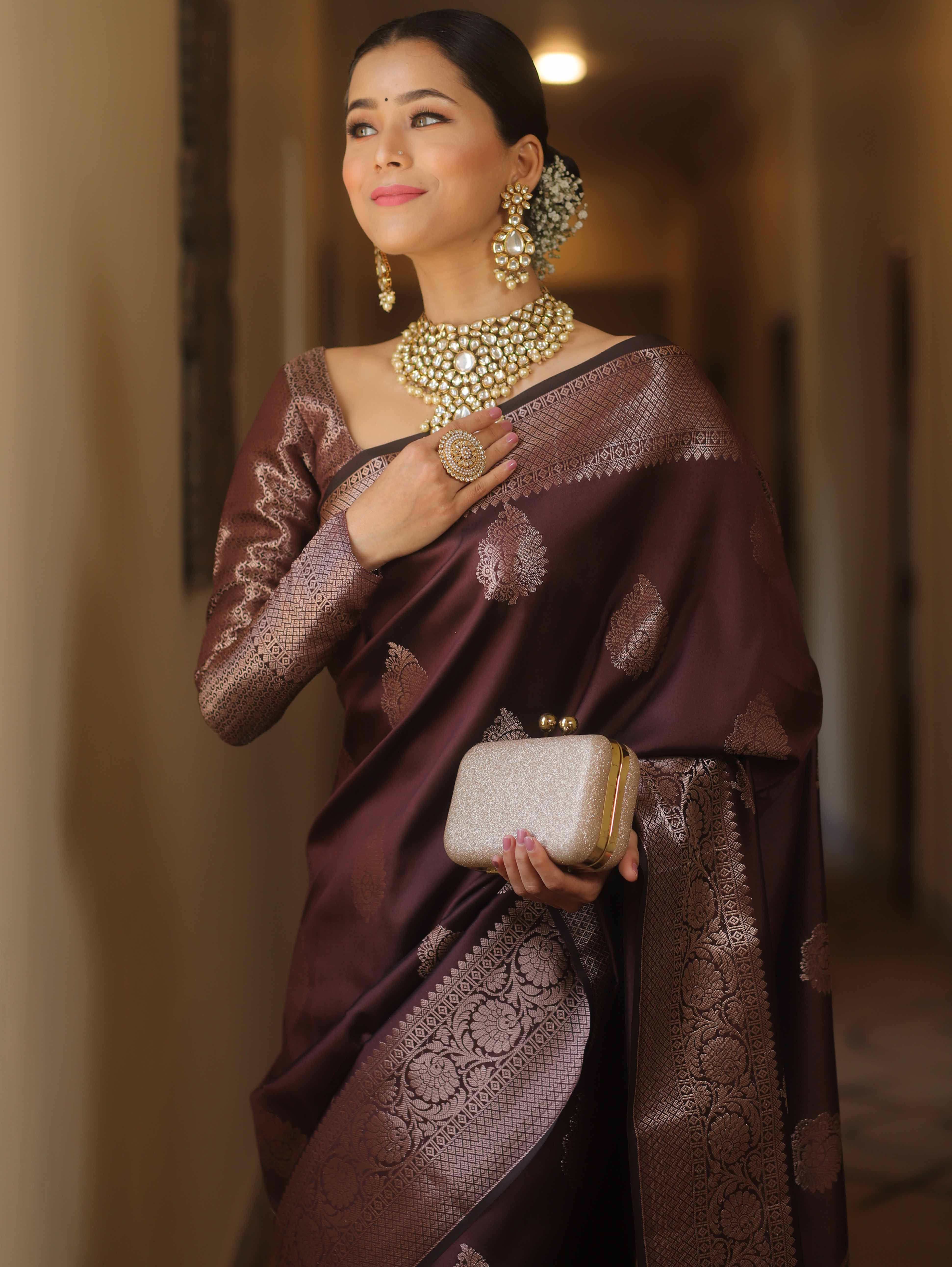 Banarasee Handwoven Semi Silk Saree With Zari Buti Design-Brown
