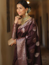Banarasee Handwoven Semi Silk Saree With Zari Buti Design-Brown