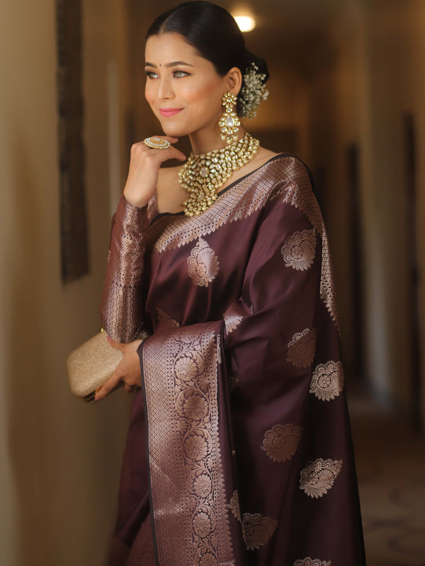 Banarasee Handwoven Semi Silk Saree With Zari Buti Design-Brown