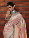 Banarasee Pure Chiffon Saree With Golden Stripes Design Border & Lace-Baby Pink