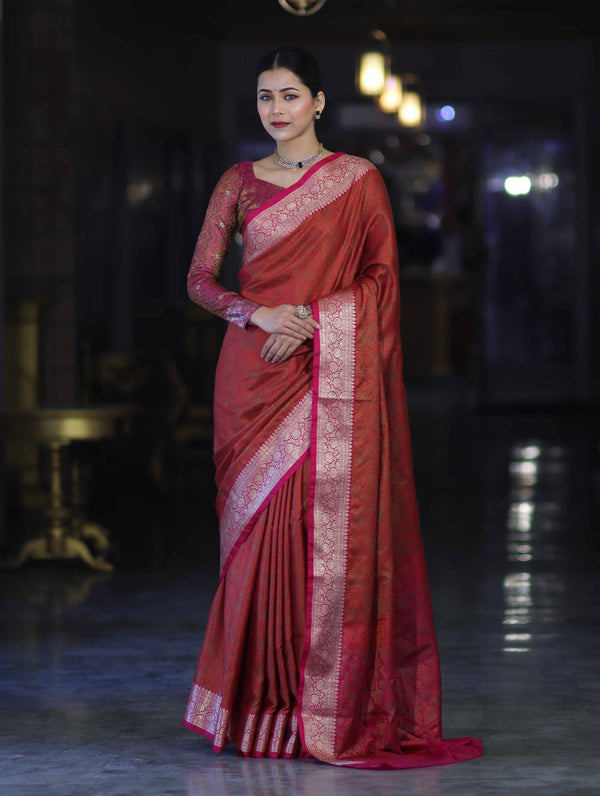 Banarasee Jamewar Tanchoi Soft Silk Saree with Contrast Border-Rust & Magenta