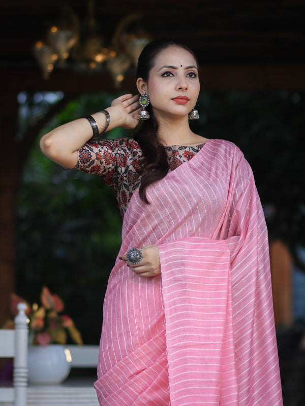 Bhagalpur Handloom Semi Silk Saree With Stripes Design-Light Pink