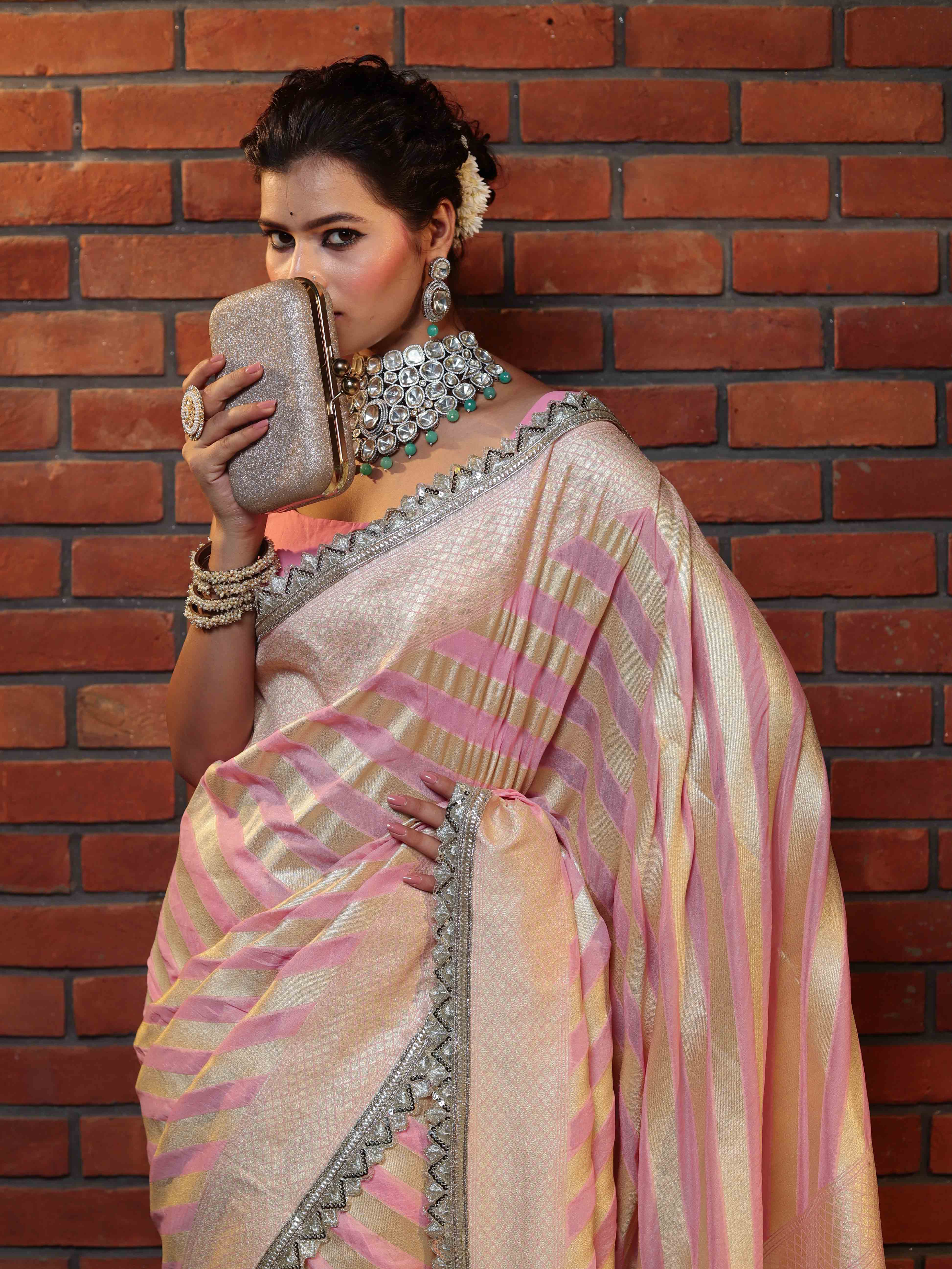 Banarasee Pure Chiffon Saree With Golden Stripes Design Border & Lace-Baby Pink