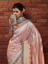 Banarasee Pure Chiffon Saree With Golden Stripes Design Border & Lace-Baby Pink