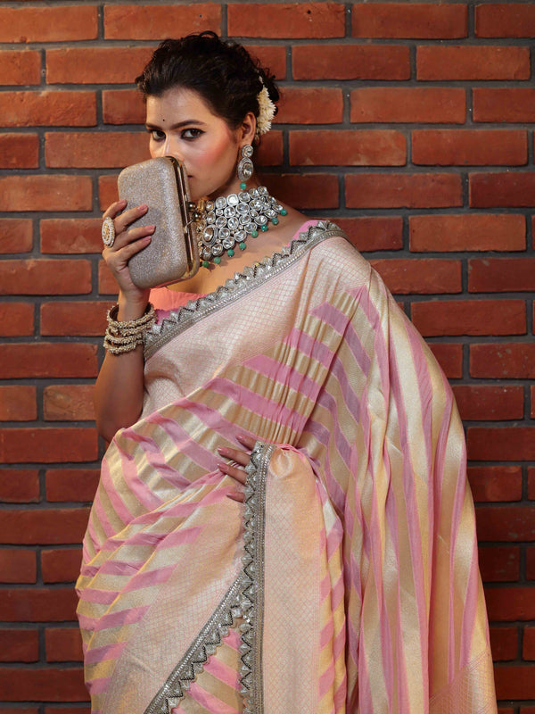 Banarasee Pure Chiffon Saree With Golden Stripes Design Border & Lace-Baby Pink