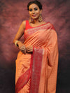 Banarasee Semi Silk Zari Buti Saree With Contrast Border-Peach & Red