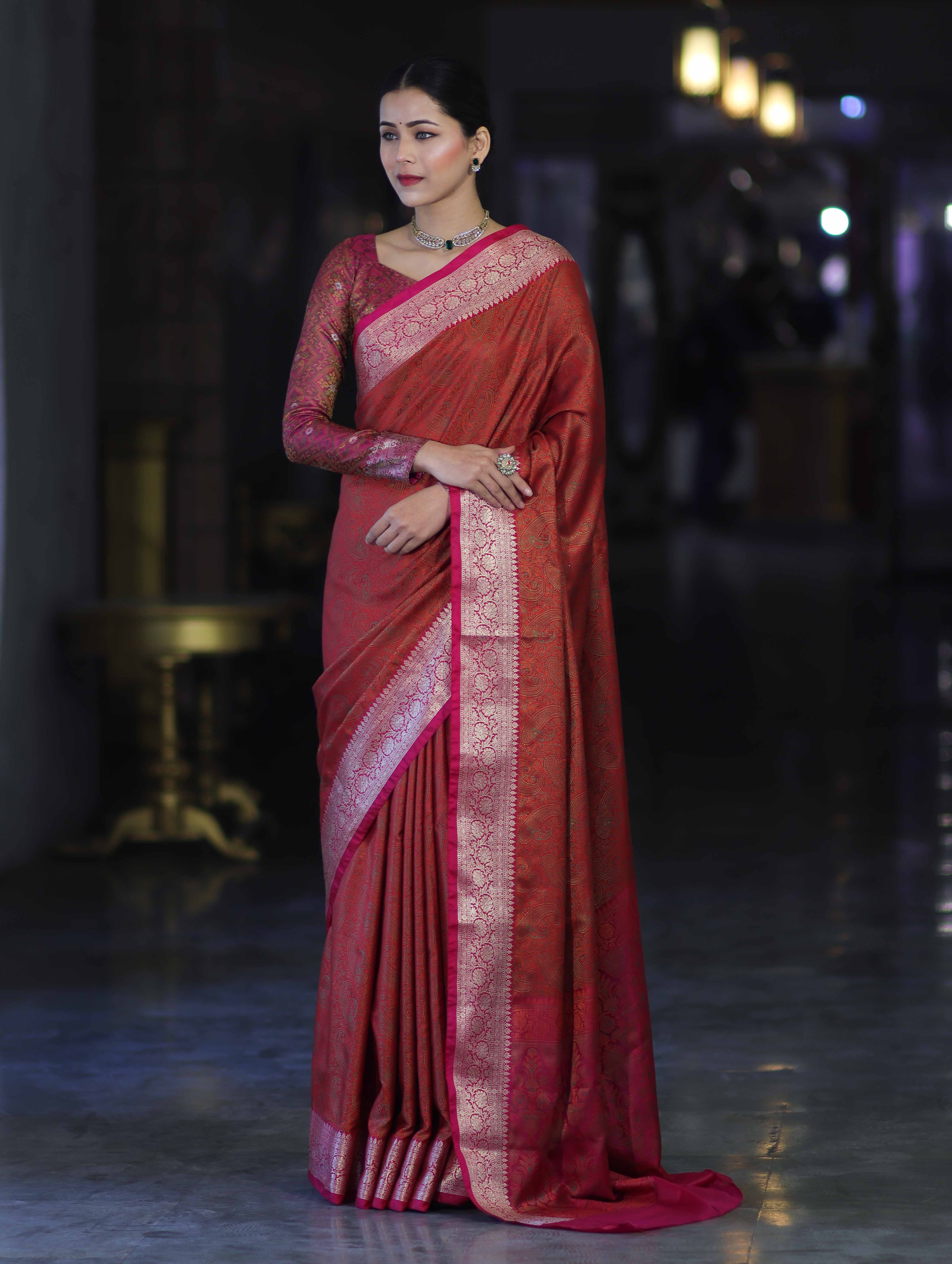 Banarasee Jamewar Tanchoi Soft Silk Saree with Contrast Border-Rust & Magenta