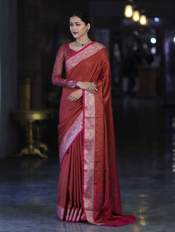 Banarasee Jamewar Tanchoi Soft Silk Saree with Contrast Border-Rust & Magenta