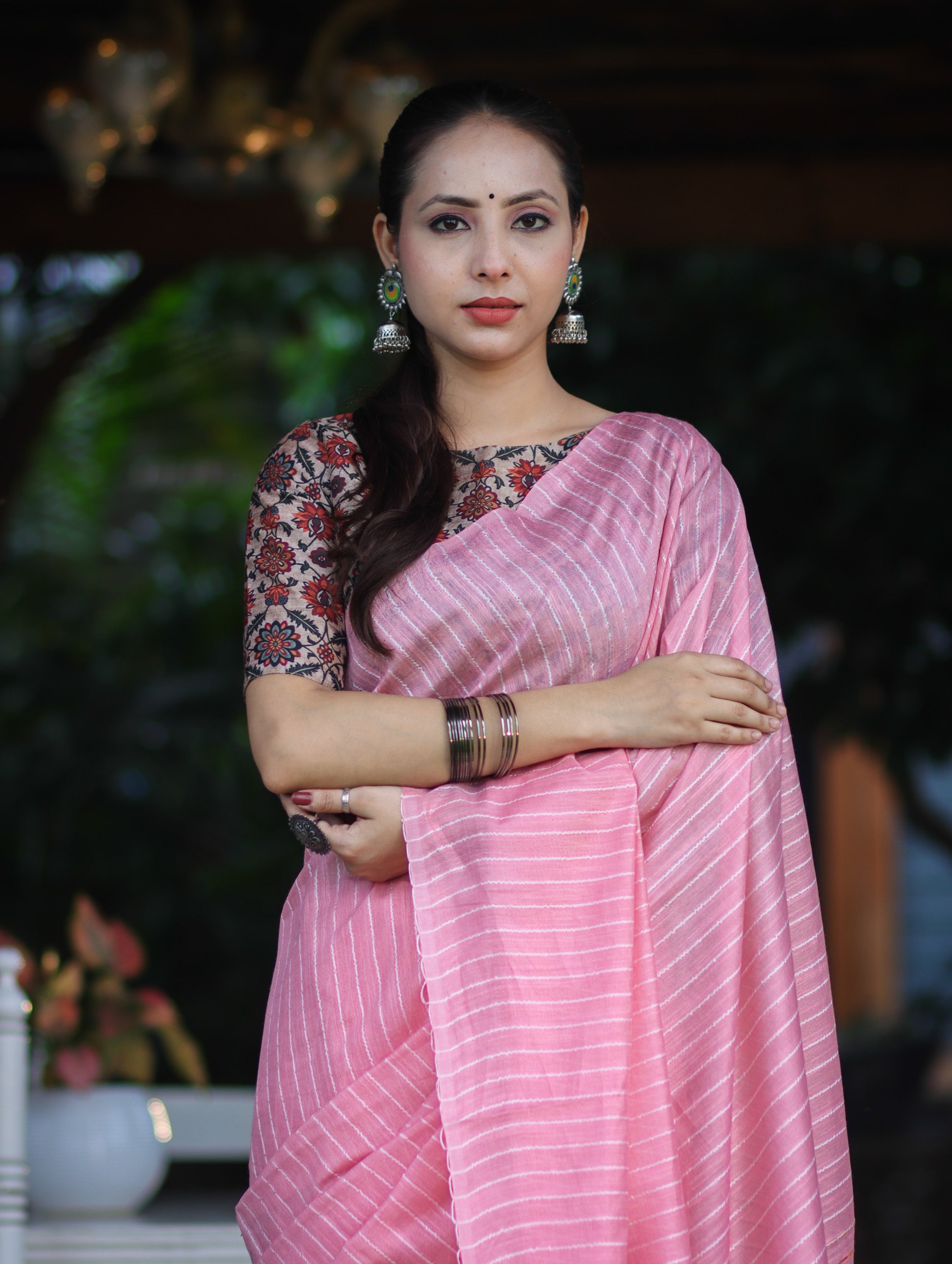 Bhagalpur Handloom Semi Silk Saree With Stripes Design-Light Pink