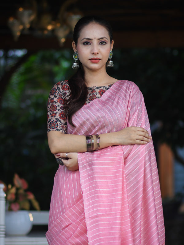 Bhagalpur Handloom Semi Silk Saree With Stripes Design-Light Pink