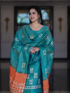 Pure Handloom Khadi Cotton Hand-Dyed Batik Pattern Salwar Kameez Dupatta Set-Green & Orange