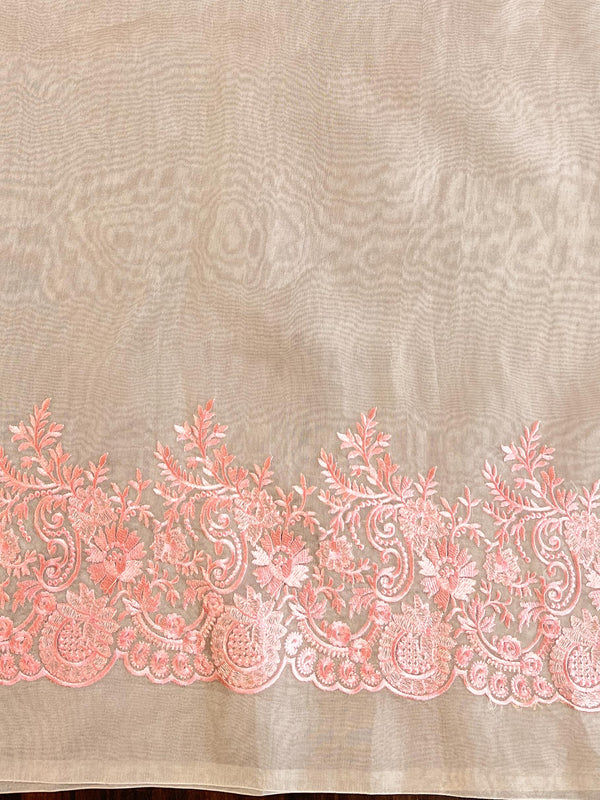 Banarasee Pure Organza Silk Saree With Floral Resham Embroidery-Peach