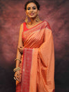 Banarasee Semi Silk Zari Buti Saree With Contrast Border-Peach & Red