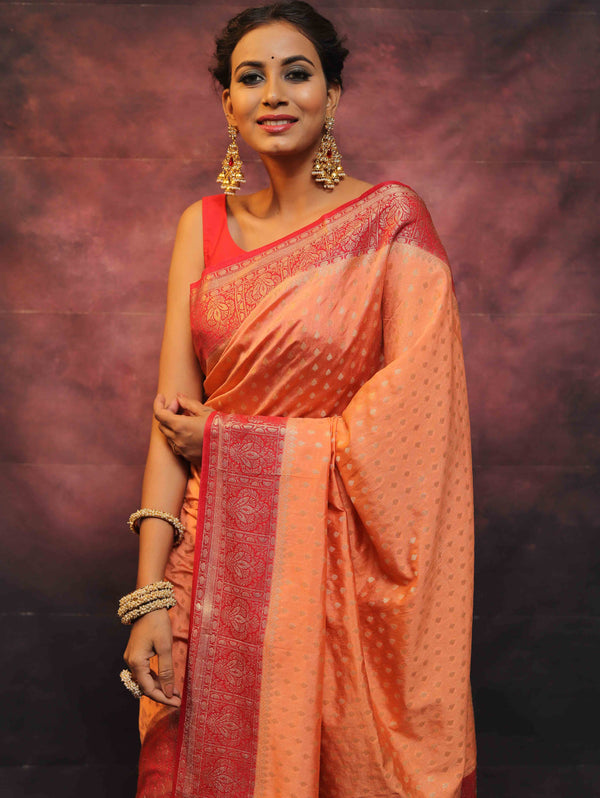 Banarasee Semi Silk Zari Buti Saree With Contrast Border-Peach & Red