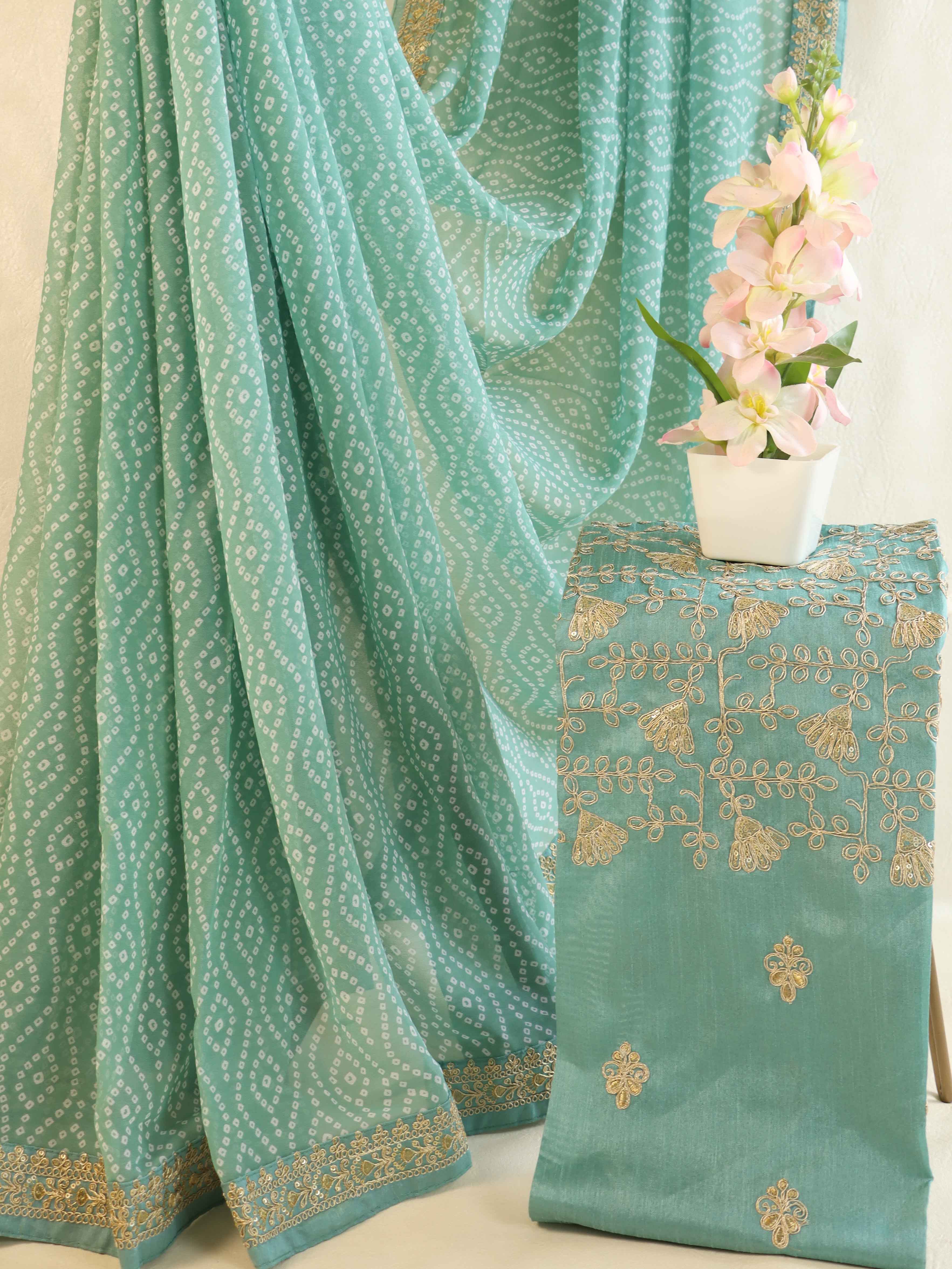 Banarasee Georgette Embroidered Chunari Print Saree-Pastel Green