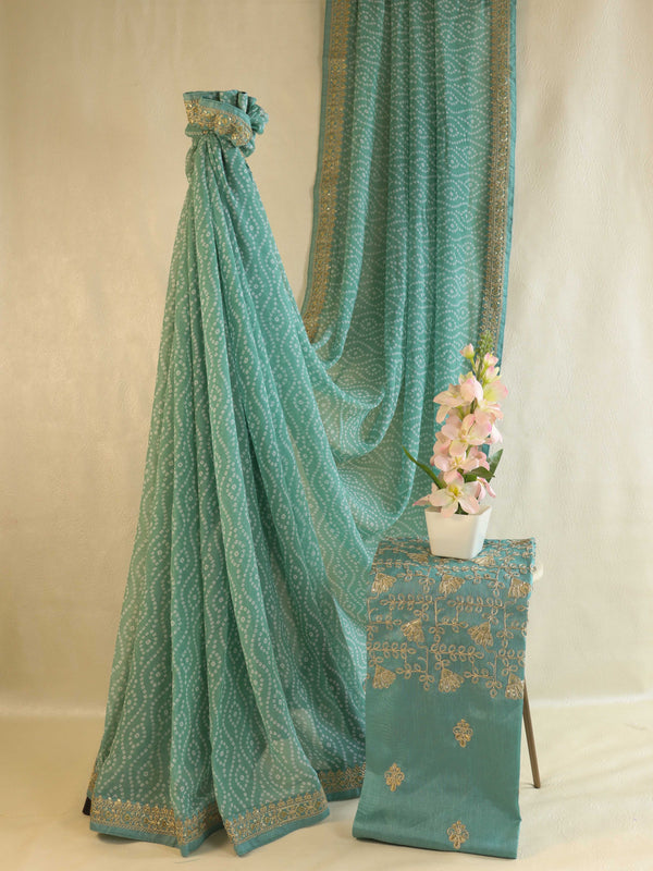 Banarasee Georgette Embroidered Chunari Print Saree-Pastel Green