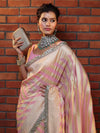 Banarasee Pure Chiffon Saree With Golden Stripes Design Border & Lace-Baby Pink