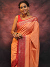 Banarasee Semi Silk Zari Buti Saree With Contrast Border-Peach & Red