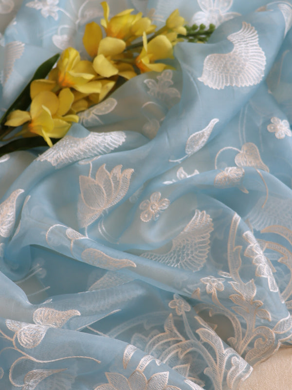 Banarasee Pure Organza Silk Saree With Floral Resham Embroidery-Pastel Blue
