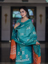 Pure Handloom Khadi Cotton Hand-Dyed Batik Pattern Salwar Kameez Dupatta Set-Green & Orange