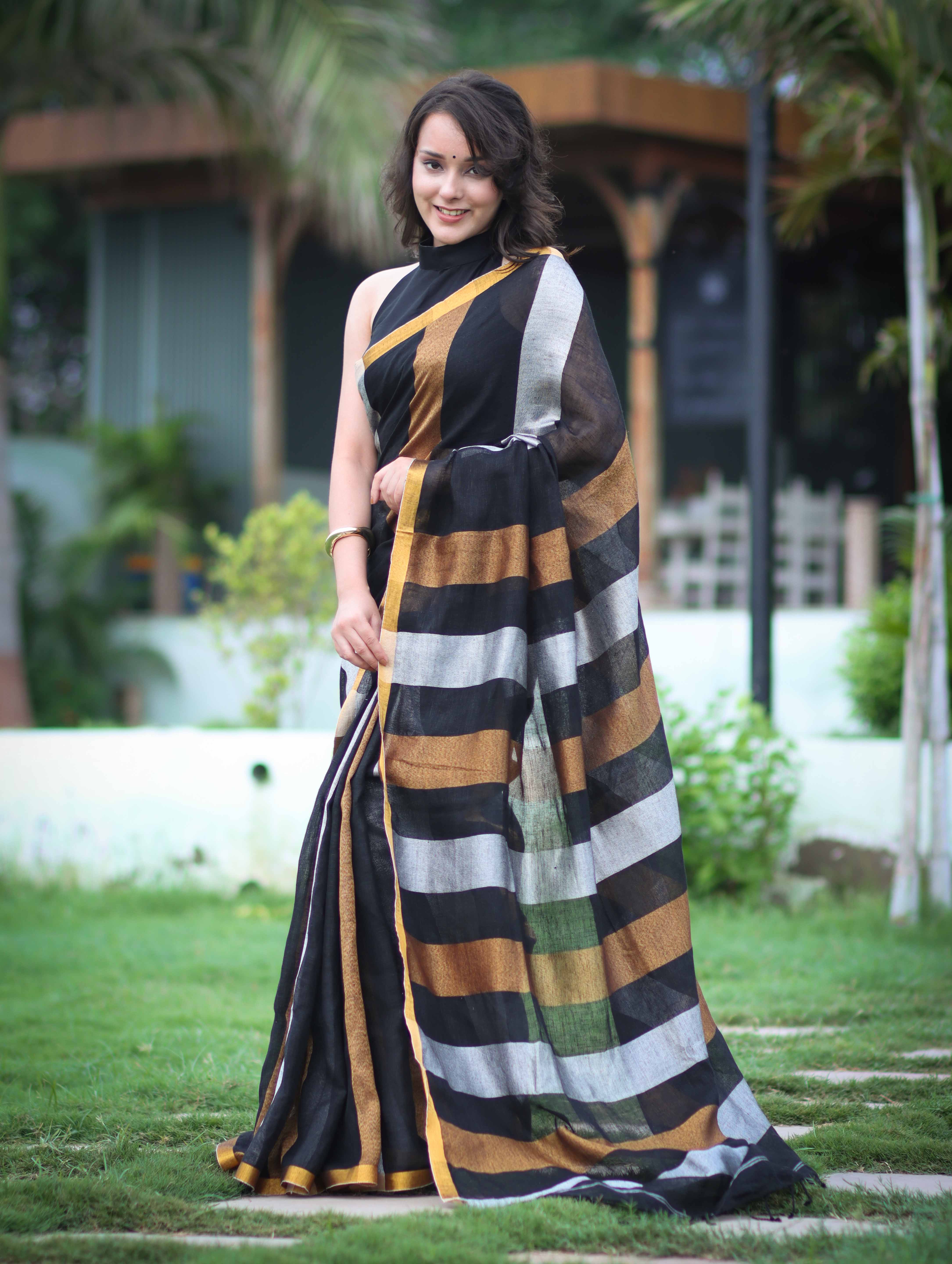Bhagalpur Handloom Pure Linen Saree With Gold & Silver Stripes-Black