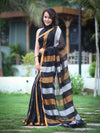 Bhagalpur Handloom Pure Linen Saree With Gold & Silver Stripes-Black