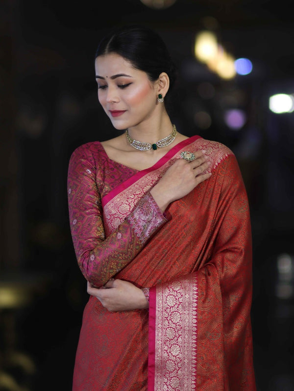Banarasee Jamewar Tanchoi Soft Silk Saree with Contrast Border-Rust & Magenta