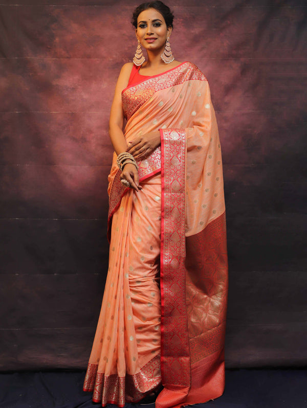 Banarasee Cotton Silk Mix Banswada Sari With Zari Buta & Contrast Border-Peach & Red