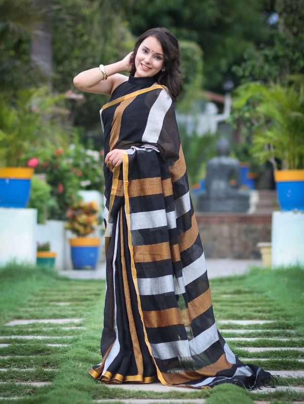 Bhagalpur Handloom Pure Linen Saree With Gold & Silver Stripes-Black