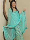 Banarasee Salwar Kameez Semi Katan Silk Zari Buti Fabric With Chiffon Dupatta-Cyan Green