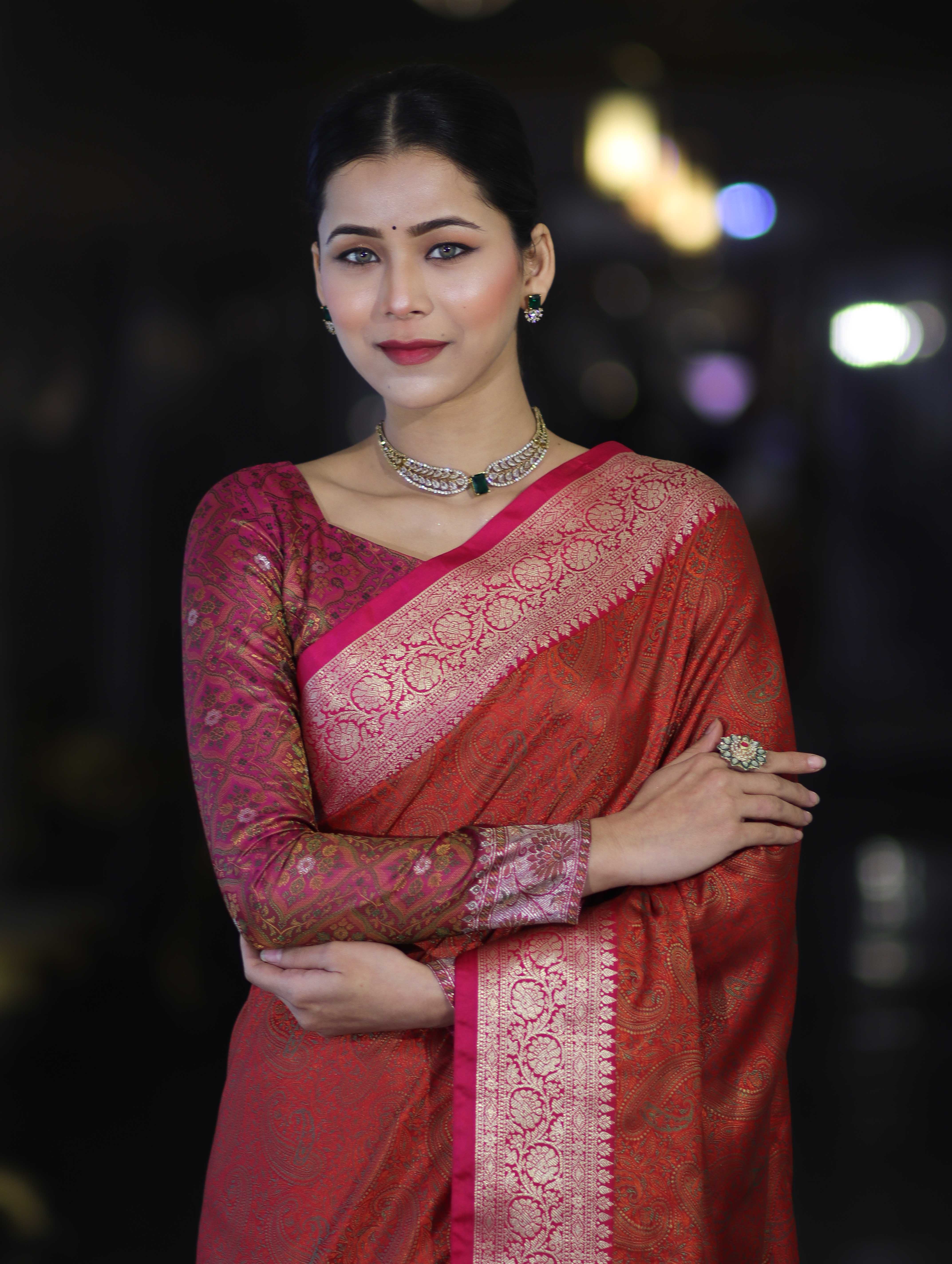 Banarasee Jamewar Tanchoi Soft Silk Saree with Contrast Border-Rust & Magenta