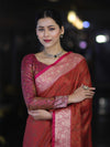 Banarasee Jamewar Tanchoi Soft Silk Saree with Contrast Border-Rust & Magenta