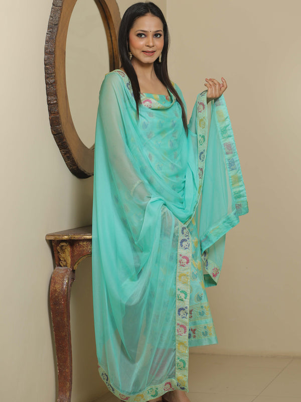 Banarasee Salwar Kameez Semi Katan Silk Zari Buti Fabric With Chiffon Dupatta-Cyan Green